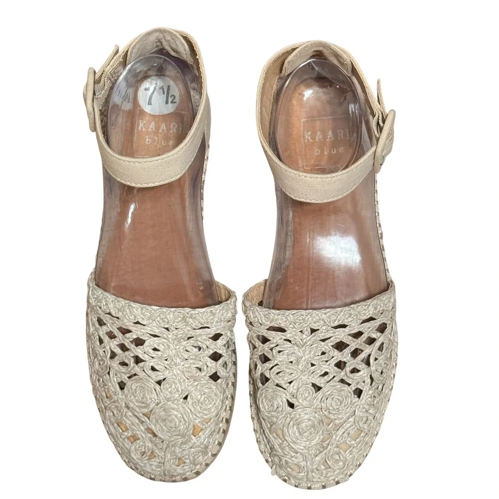 Kaari Blue Lisa Womens 7.5M Cream Crochet Espadrille Ankle Strap Flat Sandals